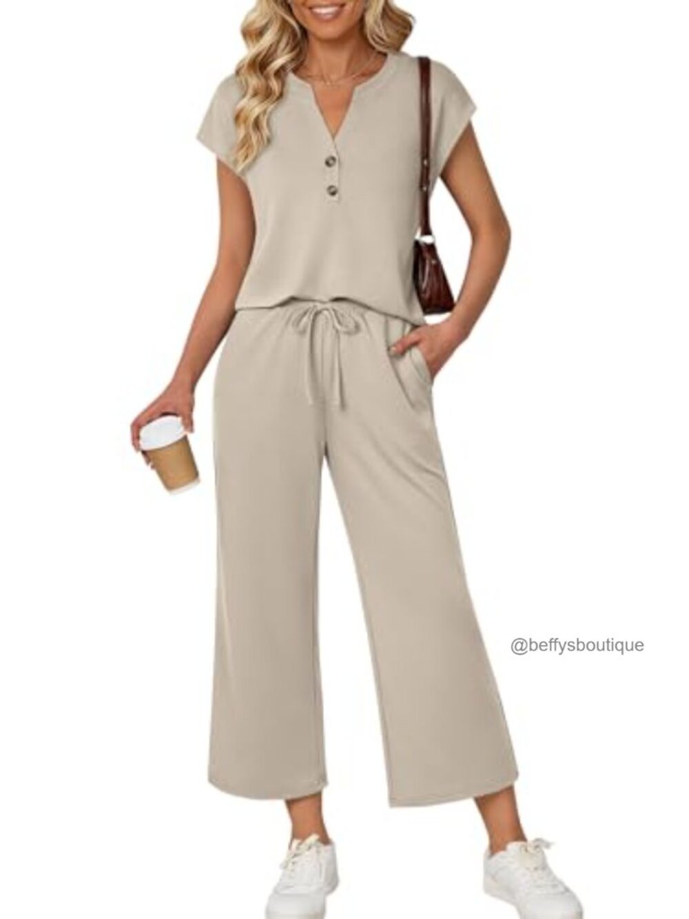 2 Piece Lounge Set V-Neck Short Sleeve Top & Cropped Wide Leg Pants